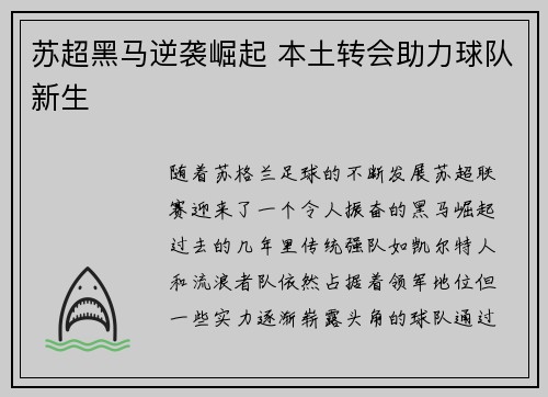 苏超黑马逆袭崛起 本土转会助力球队新生